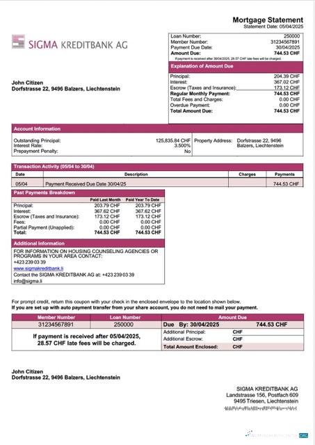 Download Liechtenstein SIGMA KREDITBANK AG mortgage statement Word and PDF template Photoshop template